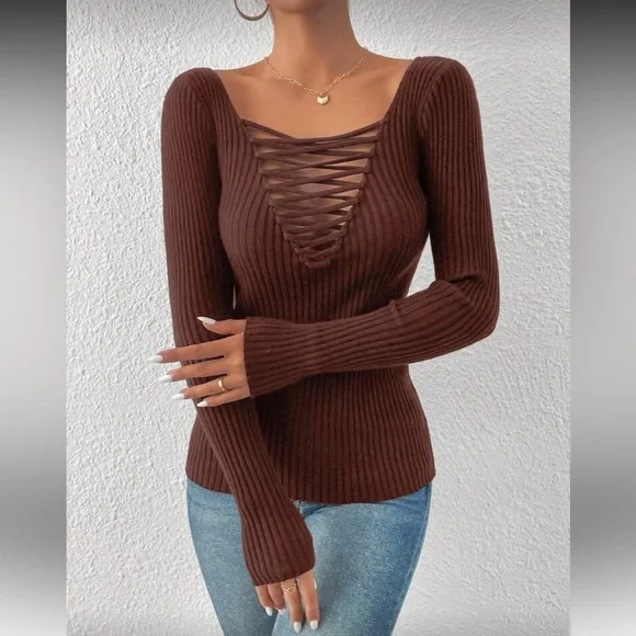 Cozy crisscross front ribbed knit sweater top - Picture 5 of 6